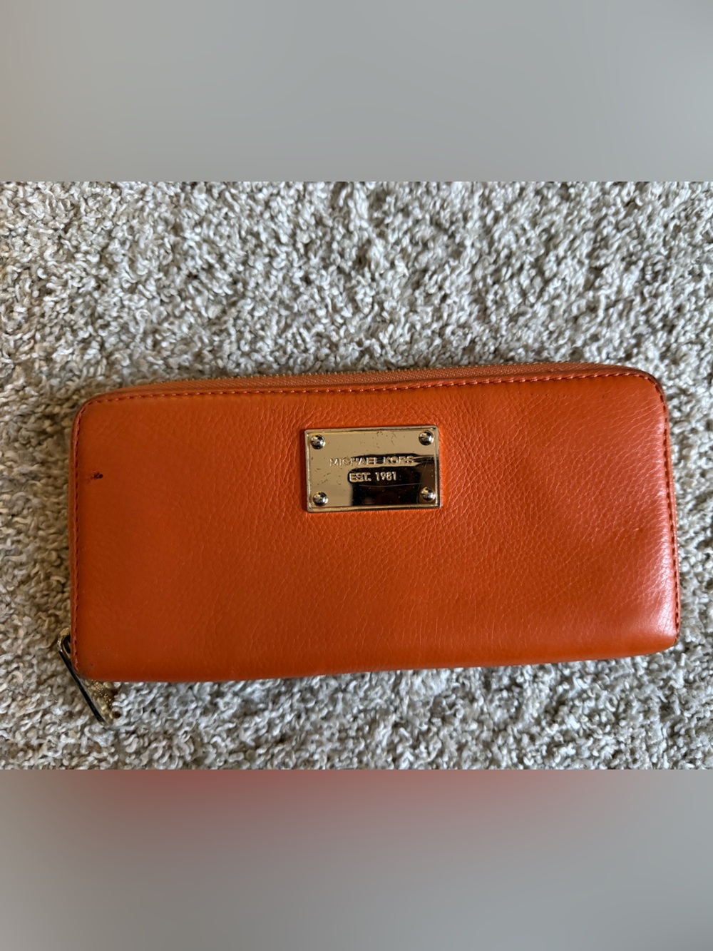 Michael Kors Orange Leather Zip Wallet with Gold Logo Plate